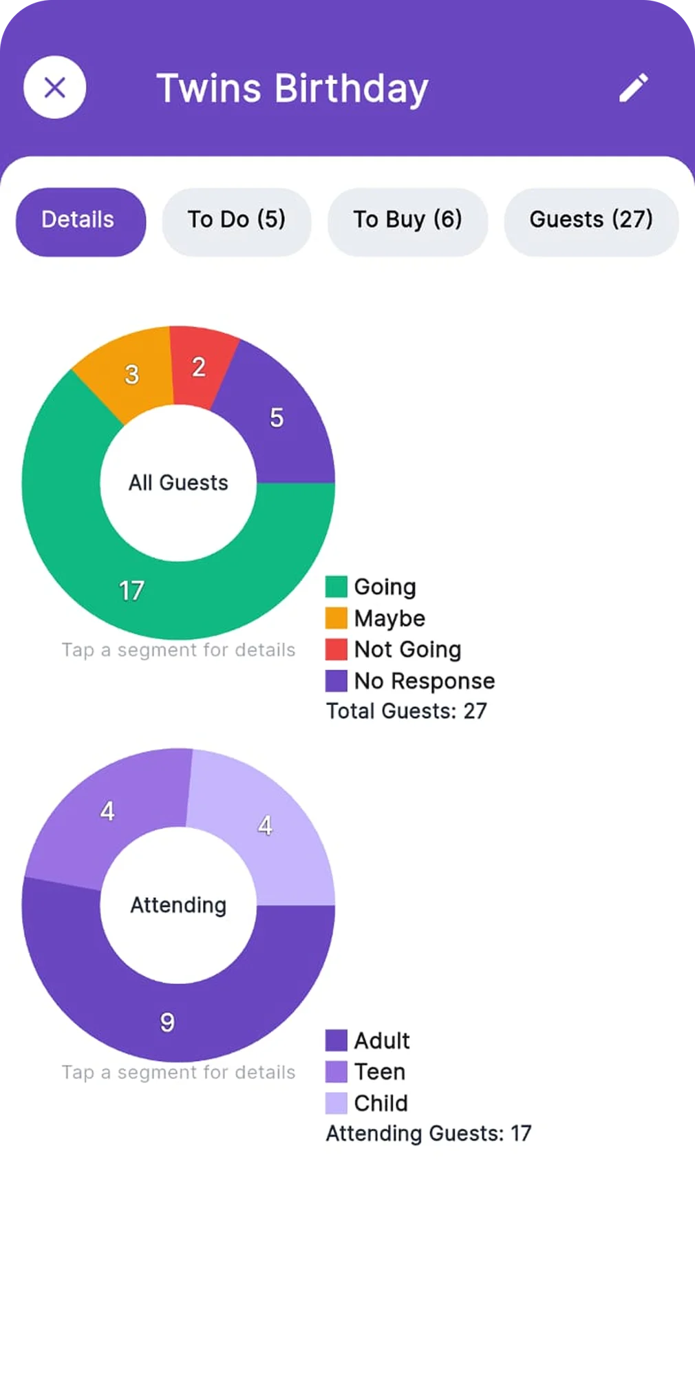 Event planner screen showing guest tracking and to-do list