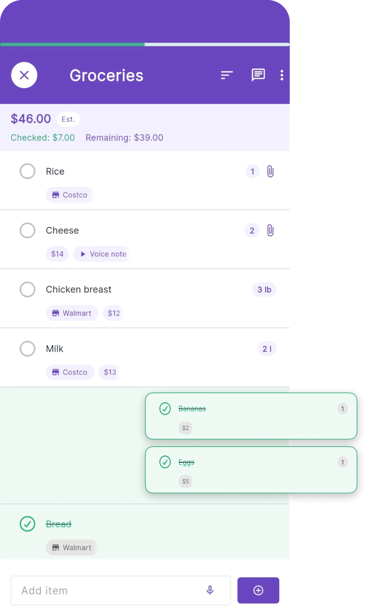 Shopping list with shared items