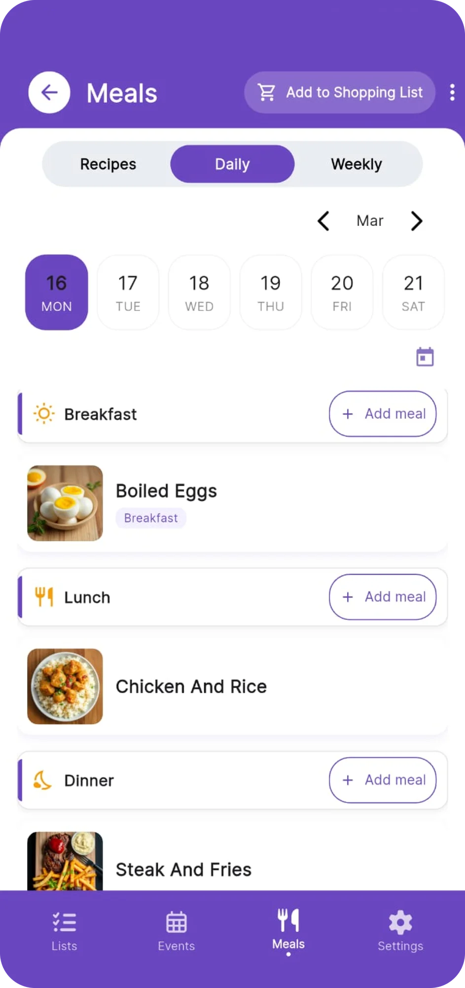 Meal planner showing weekly breakfast, lunch, and dinner